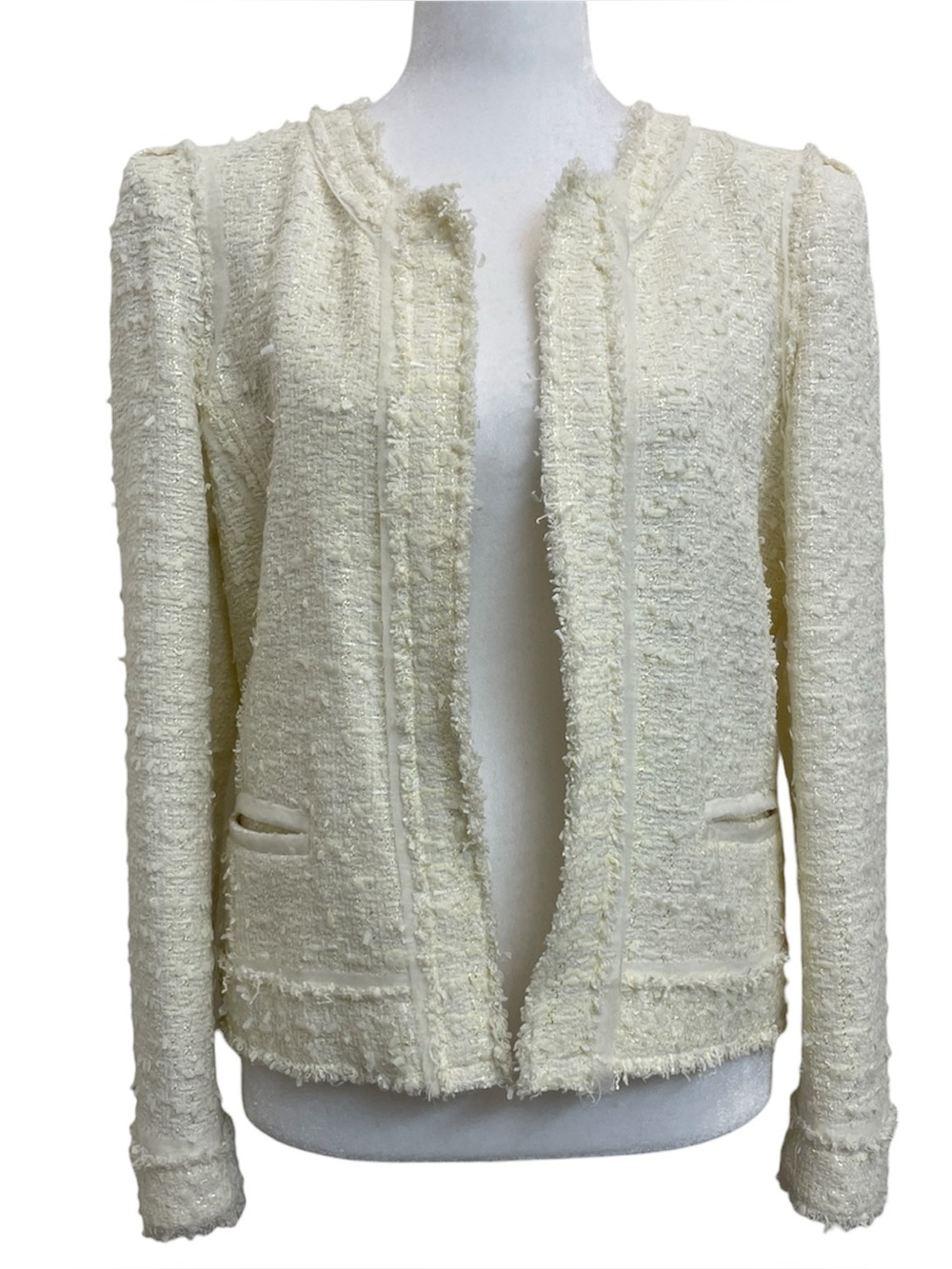 NEW Massimo Dutti White Textured Tweed & Boucle Open Front Jacket